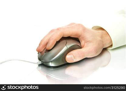white computer mouse and hand on white