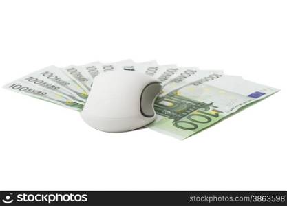 White computer mouse over 100 euro banknotes