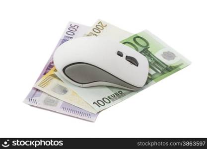 White computer mouse over euro banknotes