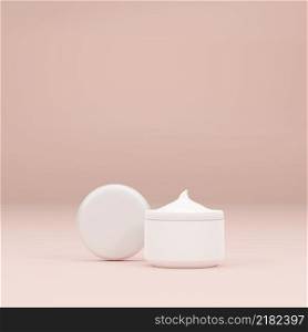 White cream jar open lid on a pink background