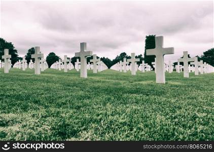 White crosses in American Cemetery, Coleville sur-Mer, Omaha Beach, Normandy, France.