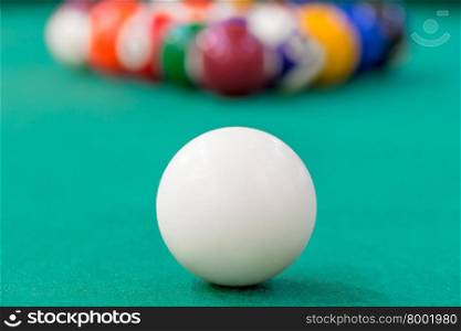 white cue ball close-up on green cloth