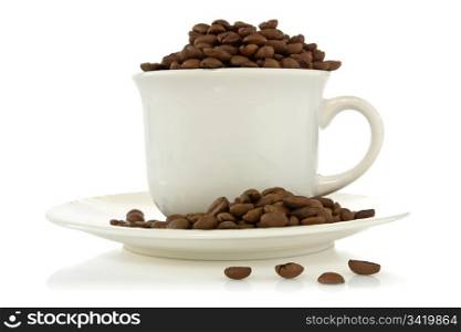 white cup full of roasted coffee beans