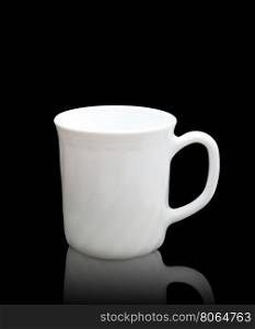 white cup isolated on reflect floor and black background