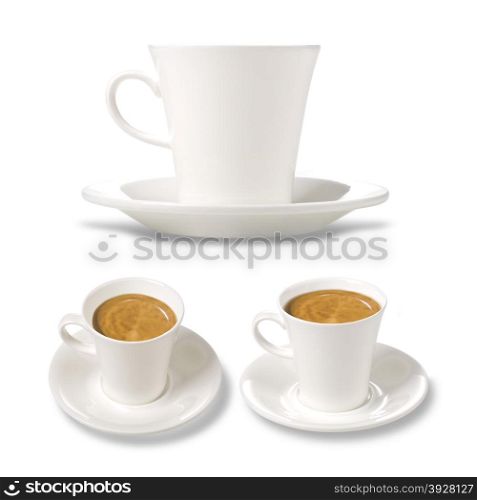 white cup of coffee in the three planes on a white background