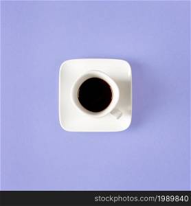 White cup of coffee isolated on a purple background. minimal style. Square composition.. White cup of coffee isolated on a purple background. minimal style. Square composition