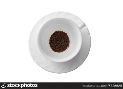 White cup of coffee isolated on white. Top view