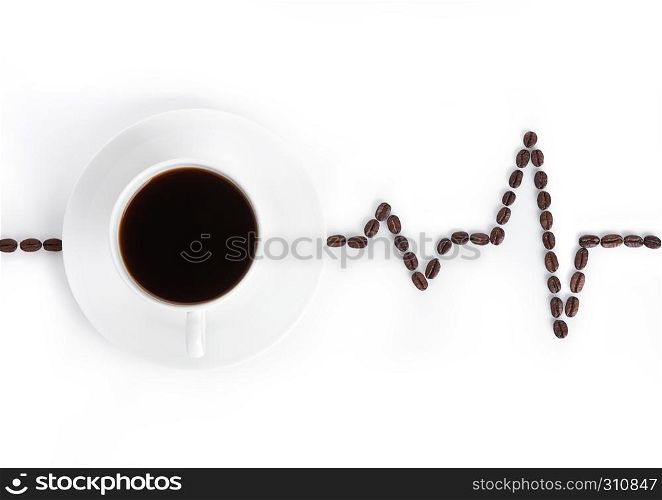 White cup of coffee with heartbeat beans on white background