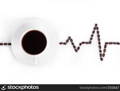 White cup of coffee with heartbeat beans on white background