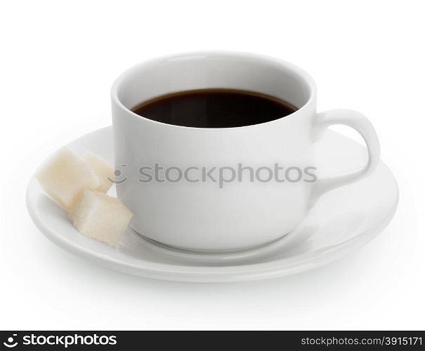 White cup of coffee with sugar pieces isolated on white background