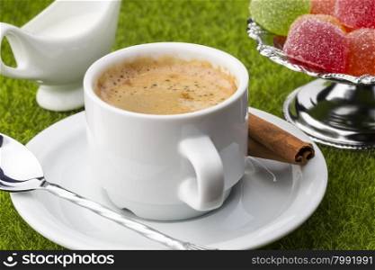 White cup of fresh coffe with dessert. White cup of fresh coffe with dessert.Close-up on background of green grass