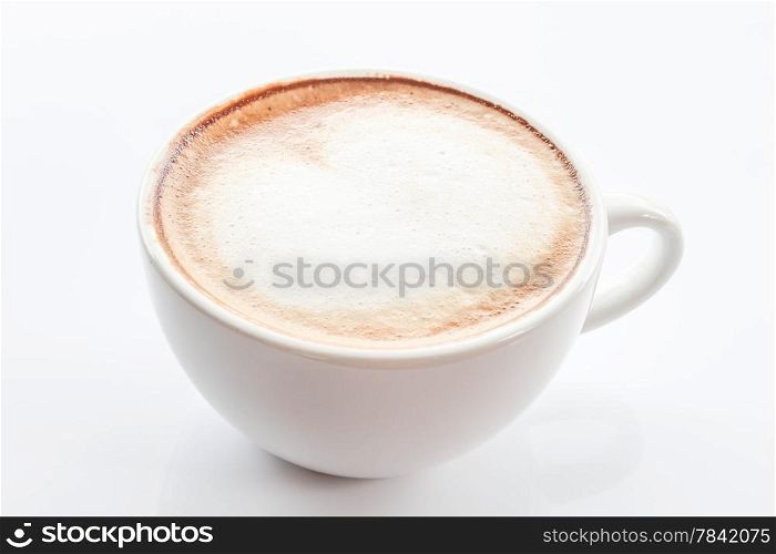 White cup of hot coffee latte isolated on white background
