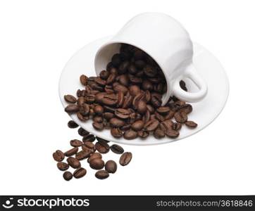 White cup with coffee grains on a white background, isolated