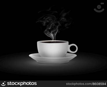 white cup with hot liquid and steam on black