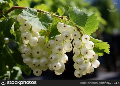 White currants growing on a bush in the garden. Generative AI