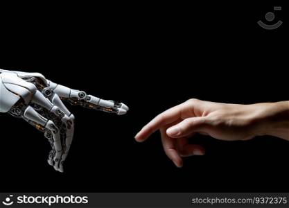 White cyborg finger about to touch human finger on dark background. Generative AI