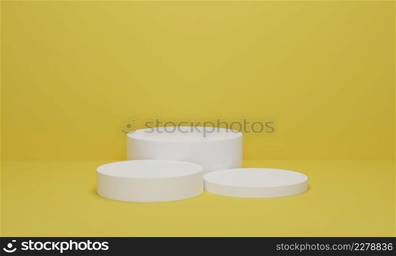 White cylinder podium on yellow background minimal scene with yellow geometric platform. Podium stand for products display. 3d render, 3d illustration.