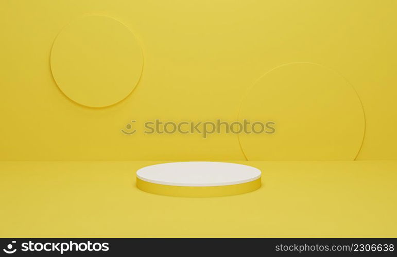 White cylinder podium on yellow background minimal scene with yellow geometric platform. Podium stand for products display. 3d render, 3d illustration.