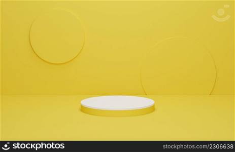White cylinder podium on yellow background minimal scene with yellow geometric platform. Podium stand for products display. 3d render, 3d illustration.