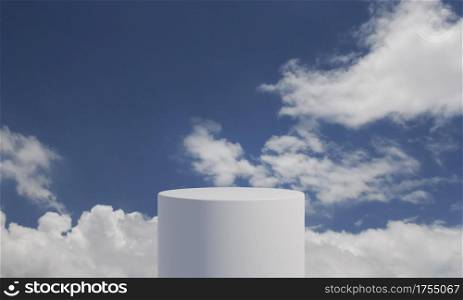 White cylinder product podium with fluffy cloud background and copy space. Abstract and minimalism concept. 3D illustration rendering graphic design