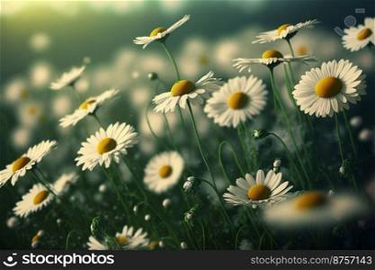 White daisies growing in a field. focus on the central plan
