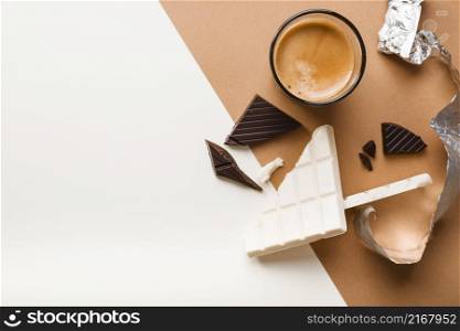 white dark chocolate bar with coffee glass dual background