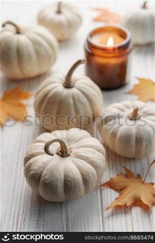 White decorative pumpkins on the background of a old white wood. Cozy autumn concept