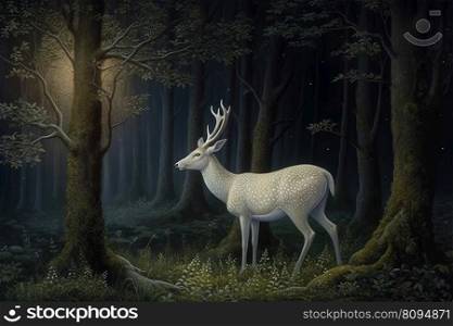 White deer in dark forest. Rare mammal. Generate Ai. White deer in dark forest. Generate Ai
