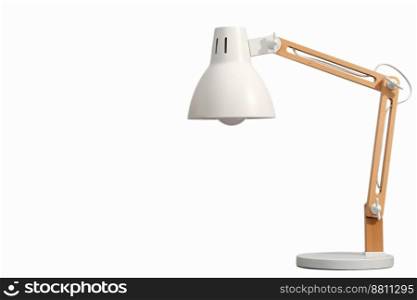 White Desk l&with wooden stand isolated. Design element. Lighting for room, workplace. White Desk l&with wooden stand isolated. Design element. Lighting for room, workplace. 