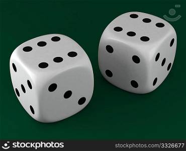 white dice on green cloth background