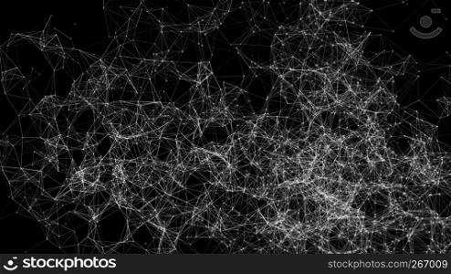 White digital data and network connection triangle lines and spheres in futuristic technology concept on black background, 3d abstract illustration