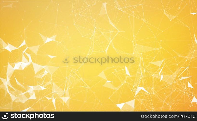 White digital data and network connection triangle lines and spheres in futuristic technology concept on yellow or orange background, 3d abstract illustration