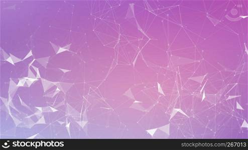 White digital data and network connection triangle lines and spheres in futuristic technology concept on pink background, 3d abstract illustration