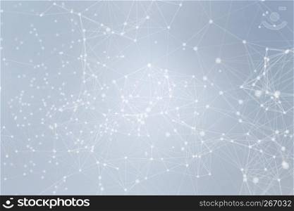 White digital data and network connection triangle lines and spheres in futuristic technology concept on blue background, 3d abstract illustration
