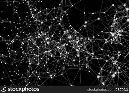 White digital data and network connection triangle lines and spheres in futuristic technology concept on black background, 3d abstract illustration