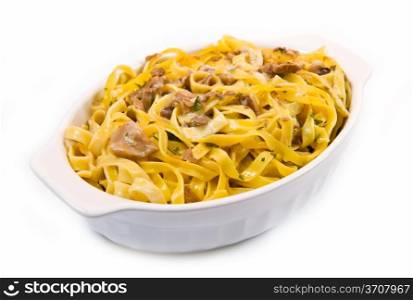 white dish with Tagliatelle with Mushroom