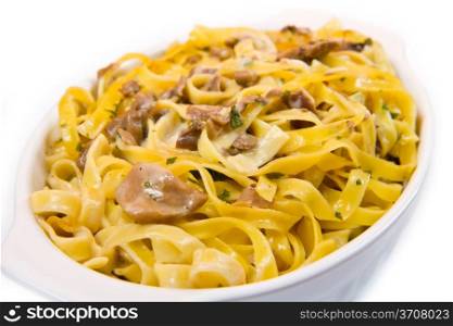 white dish with Tagliatelle with Mushroom