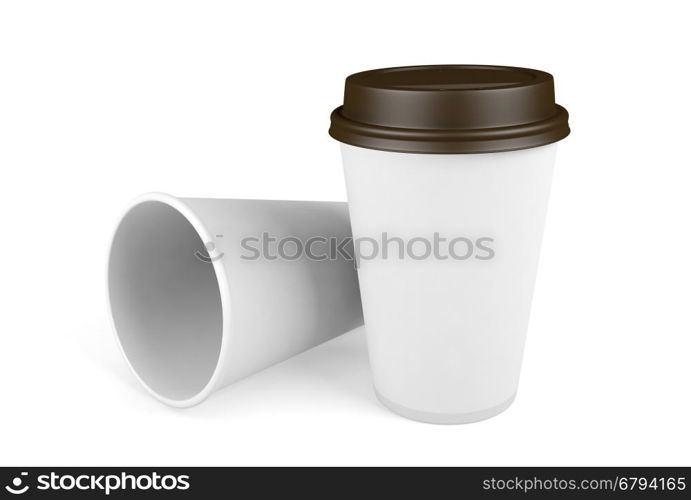 White disposable paper cups with lid isolated on white background