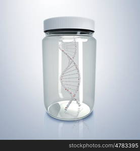 White DNA strand inside a glass jar