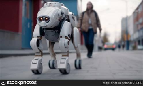 white dog robot walking city generative ai.