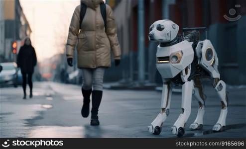 white dog robot walking city generative ai.