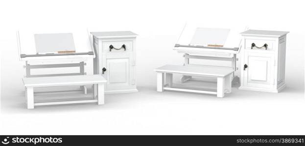 White drawing table with bench and cabinet set , clipping path included