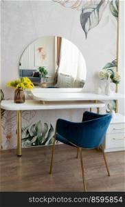 White dressing table with mirror and chair. Dressing table with chair