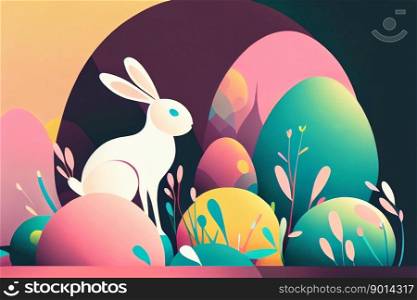 white easter bunny with easter eggs cartoon style illustration. White easter bunny with easter eggs cartoon style illustration. Generative AI.
