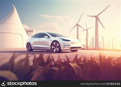 White electric car. Vehicle eco nature. Generate Ai. White electric car. Generate Ai