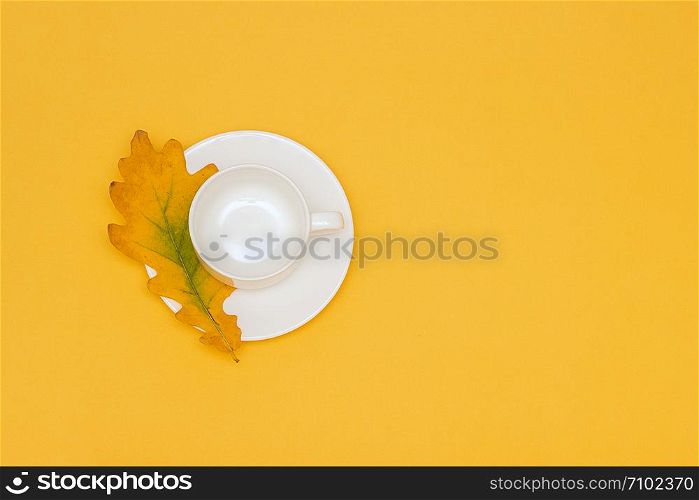 White empty cup with saucer and autumn oak leaf on yellow background. Copy space Flat lay Mock up Template for your design.. White empty cup with saucer and autumn oak leaf on yellow background. Copy space Flat lay Mock up Template for your design