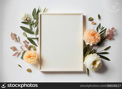 White empty frame beautiful gorgeous flowers arrangement on white background. Illustration AI Generative 