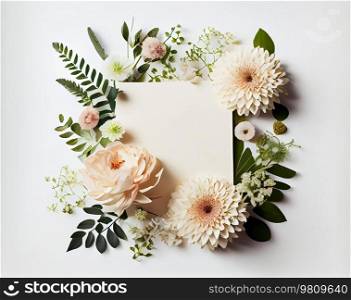 White empty frame beautiful gorgeous flowers arrangement on white background. Illustration AI Generative 