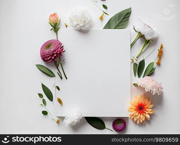 White empty frame beautiful gorgeous flowers arrangement on white background. Illustration AI Generative 