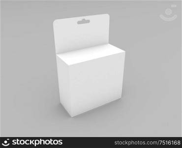 White empty hanging box on a gray background. 3d render illustration.. White empty hanging box on a gray background.